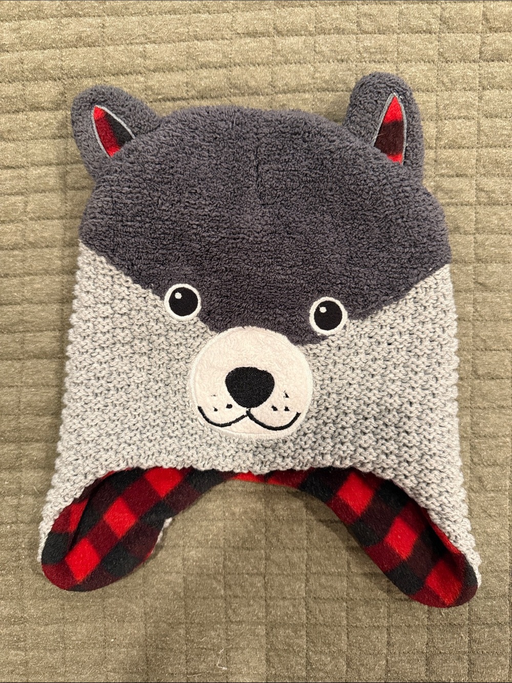 Kids Grey Wolf/Husky Earflap Hat with Red Plaid Lining
